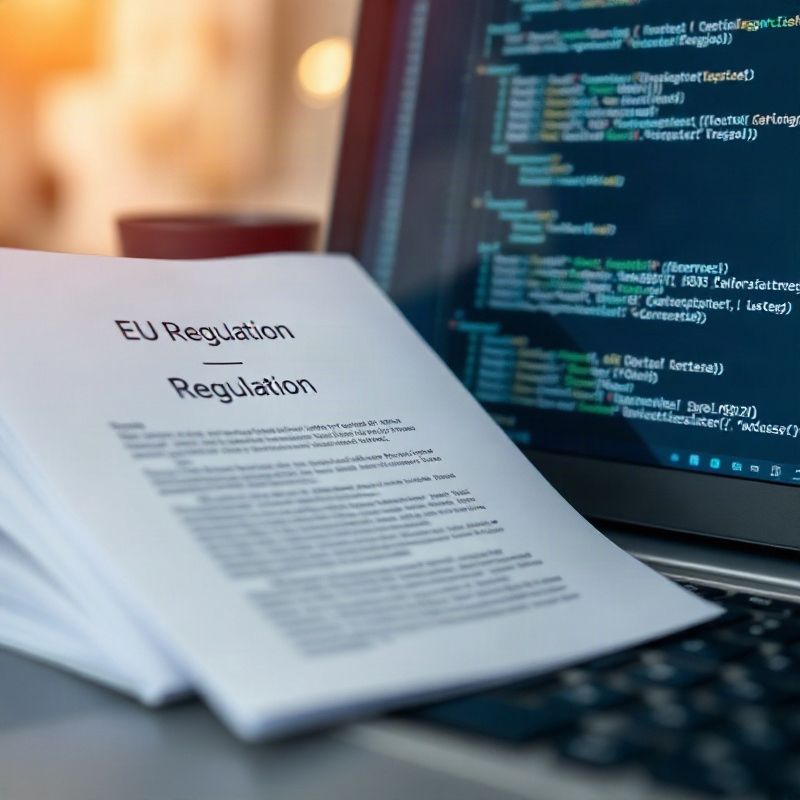 Otisnute stranice EU regulative pored zaslona laptopa s programskim kodom